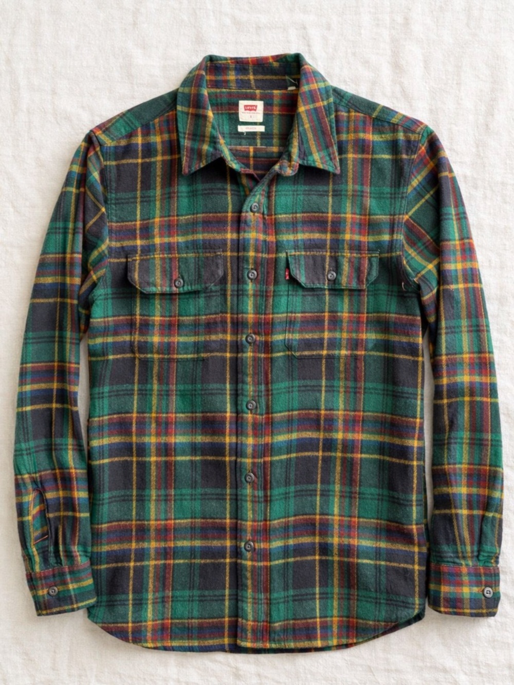 Levi’s Green Plaid Flannel Shirt Small Relaxed Fit Button Front Tartan